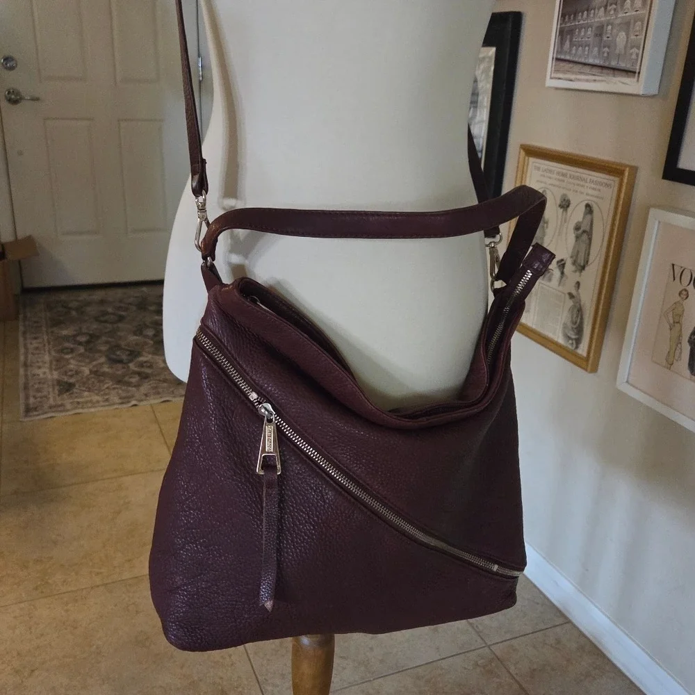 Kelsi Dagger Burgundy Pebbled Leather Crossbody Hobo Bag Silver Hardware Large